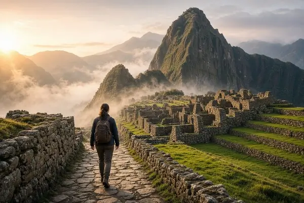 Traveler visiting Machu Picchu early morning after staying in Aguas Calientes Peru