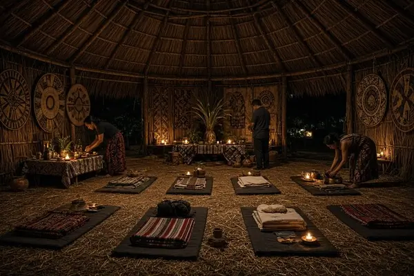 Traditional ayahuasca ceremony space inside a Peruvian maloca