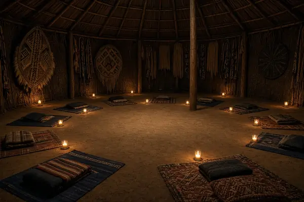 Traditional ayahuasca ceremony space prepared at night in the Sacred Valley Peru