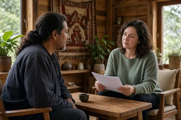 Ayahuasca retreat facilitator conducting a private screening consultation