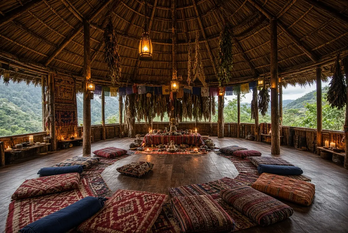 Inside the maloca at Pisac Ayahuasca Retreats: cushions arranged in a circle under the thatched roof, candles lit, the Sacred Valley visible beyond