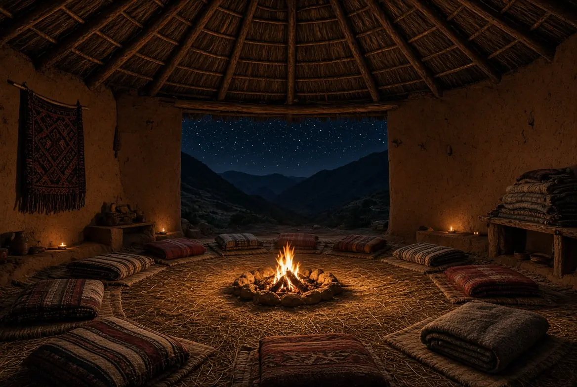 Ayahuasca retreat ceremony space in a Sacred Valley maloca at night