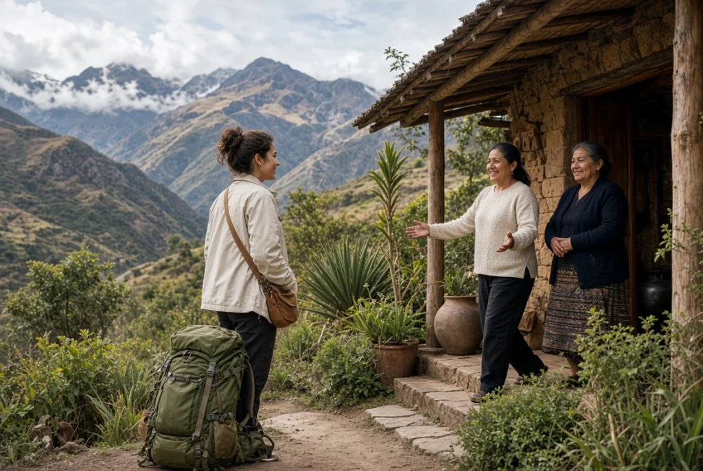 Solo guest arriving at a peaceful ayahuasca retreat in Peru