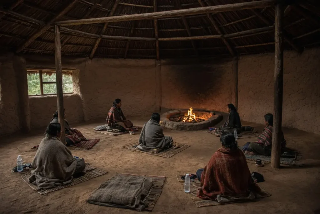 Ayahuasca ceremony participants sitting with blankets and mats inside a maloca