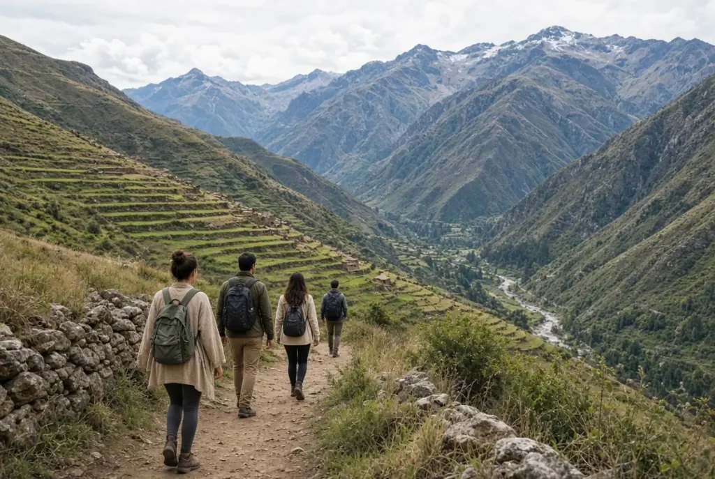 Retreat guests walking through the Sacred Valley during altitude acclimatization