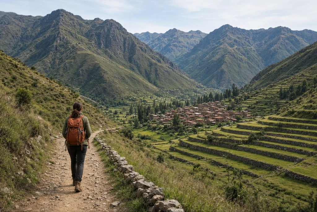 Sacred Valley Peru landscape viewed by a solo traveler