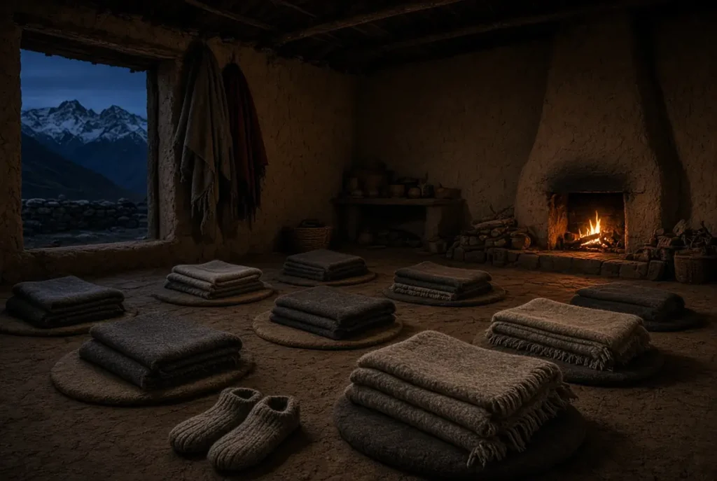 Warm blankets and fireplace inside a cold mountain ayahuasca ceremony room