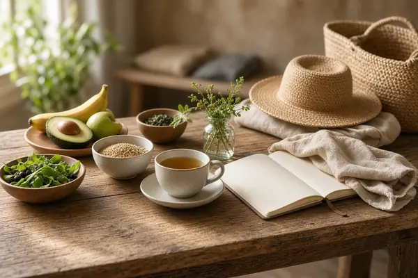 Healthy preparation items and journal before an ayahuasca retreat