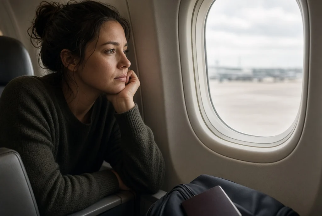 Traveler preparing emotionally before flying to an ayahuasca retreat