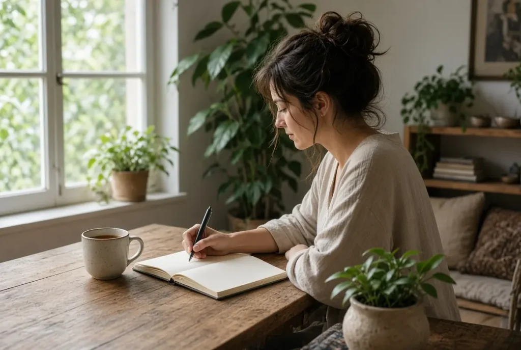Person journaling during ayahuasca retreat integration after returning home
