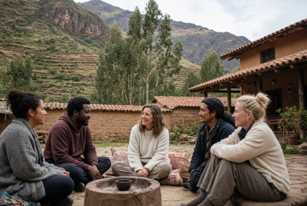 Small group of solo travelers connecting at an ayahuasca retreat in Pisac Peru