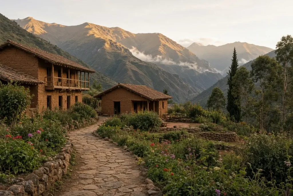 Sacred Valley retreat center surrounded by mountains in the morning